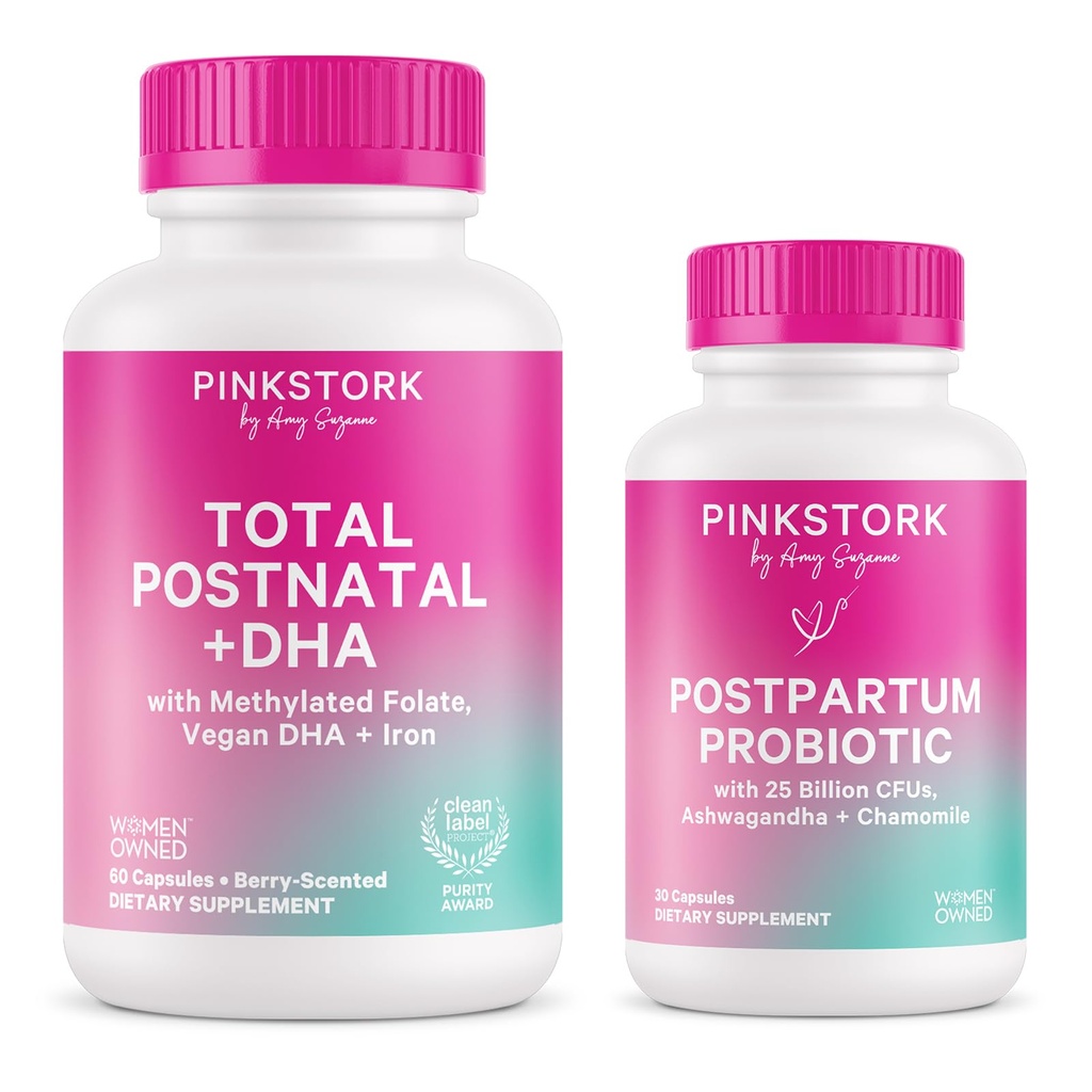 Pink Stork Postnatální Multivitamin + Probiotika s Vegan DHA, Ashwagandha, Železo, Folát, B12 - Podporuje Hormon Balance, Postpartum Recovery, Gut Health, & Digestion - Balení 2