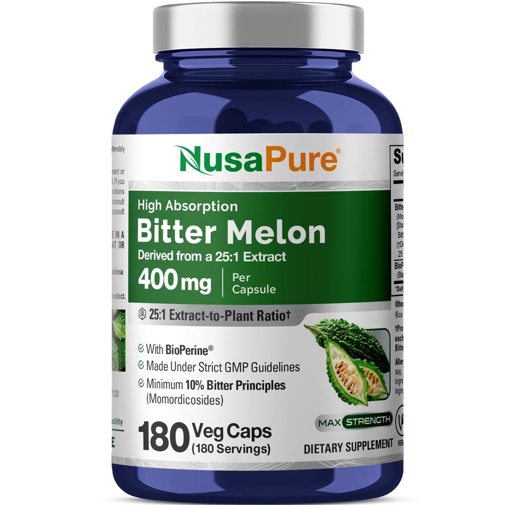 NusaPure Bitter Melon Extract 10 000 mg 180 Vegan Caps (100% Vegetarian, Non- GMO, gluten- Free, 10% Bitter Principles) Bioperin