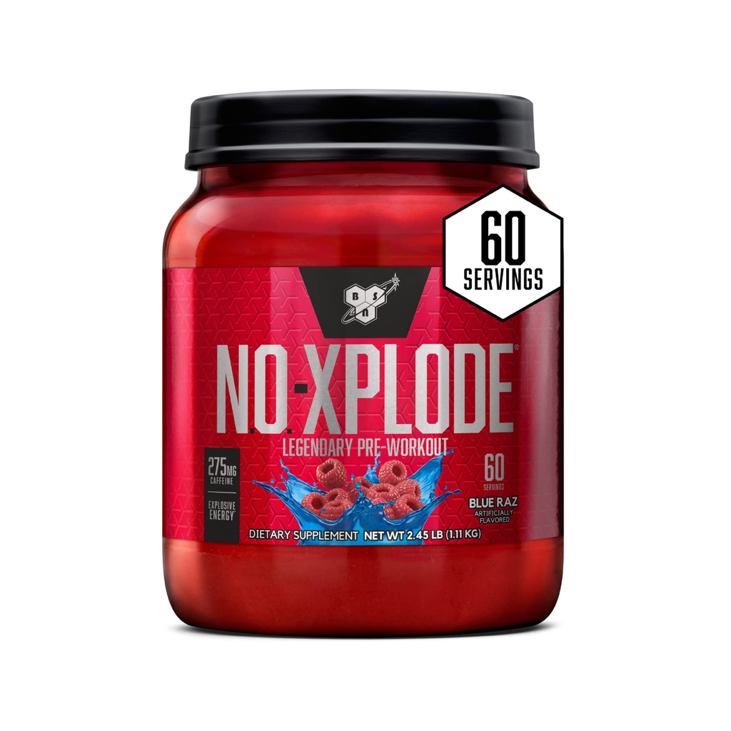 BSN N.O.-XPLODE Pre Workout Powder, Energetický dodatek pro muže a ženy s creatine a beta- Alanin, Flavor: Blue Raz, 60 Služeb
