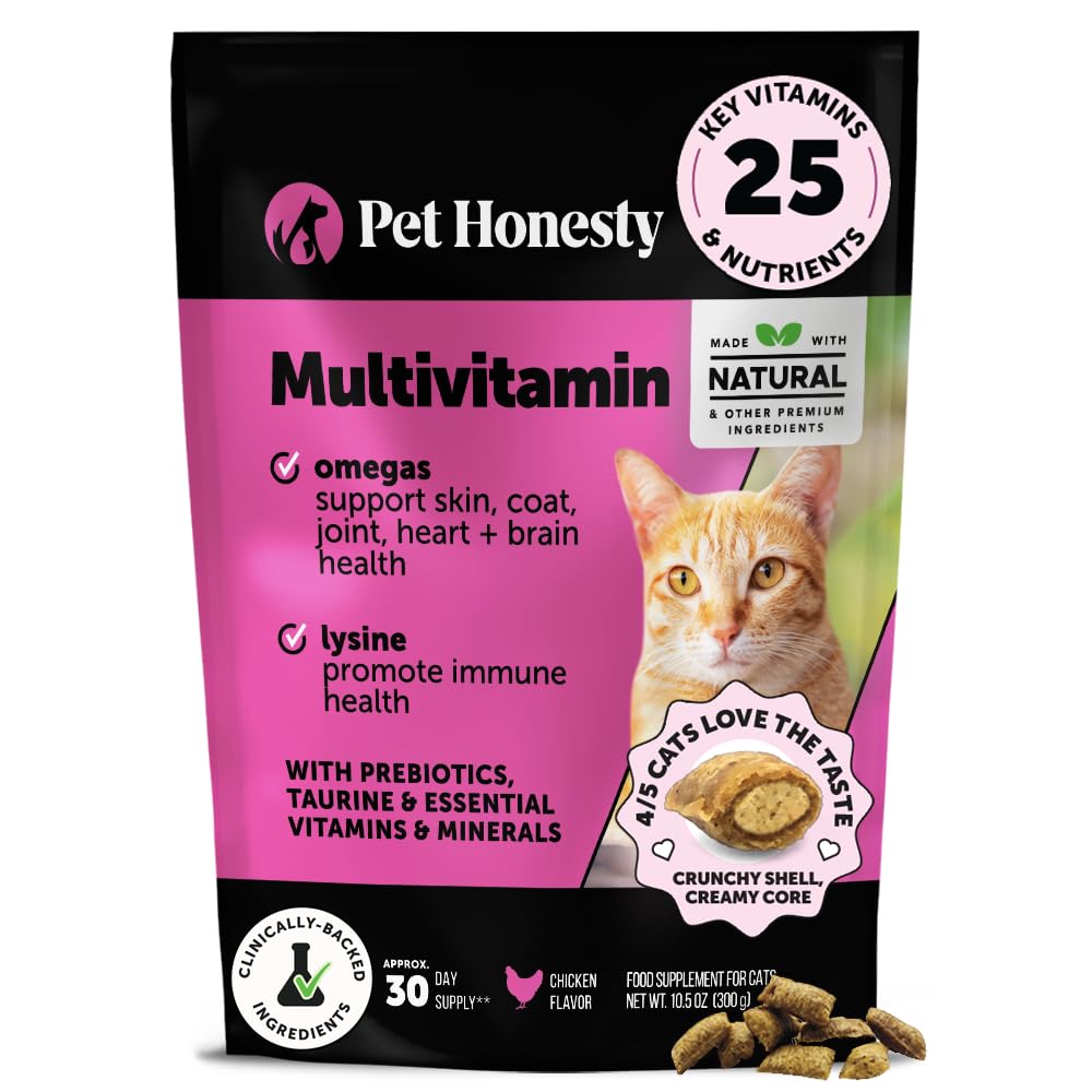 Cat Multivitamin Crunchy & Creamy Chews - Kočičí léčby pro zdraví + imunitní, společná podpora, kůže & Coat, & Digestion - Vitamíny s Omega 3, Lysin & Probiotika (30 denní dodávka)