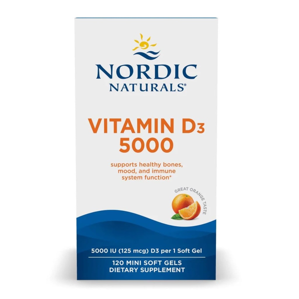 Nordic Naturals Vitamin D3 5000, Orange - 120 Mini měkké gely - 5000 IU Vitamin D3 - Podporuje zdravé kosti, mood & imunitní systém Funkce - Non- GMO - 120 Služební