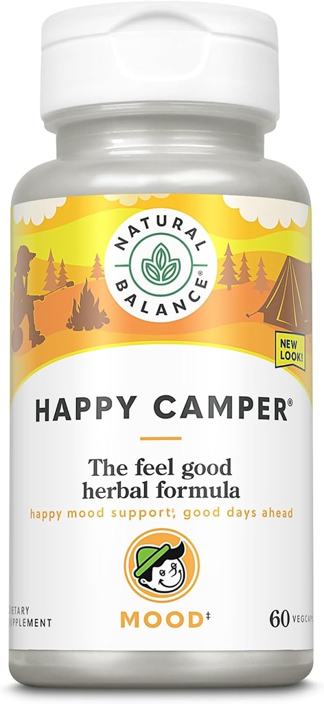 Natural Balance Happy Camper - Feelgood Mood Supplement - Gotu Kola, Vášeň Květiny, Kava Kava Kapsle - 60denní záruka (30 Služeb, 60 VegCaps)