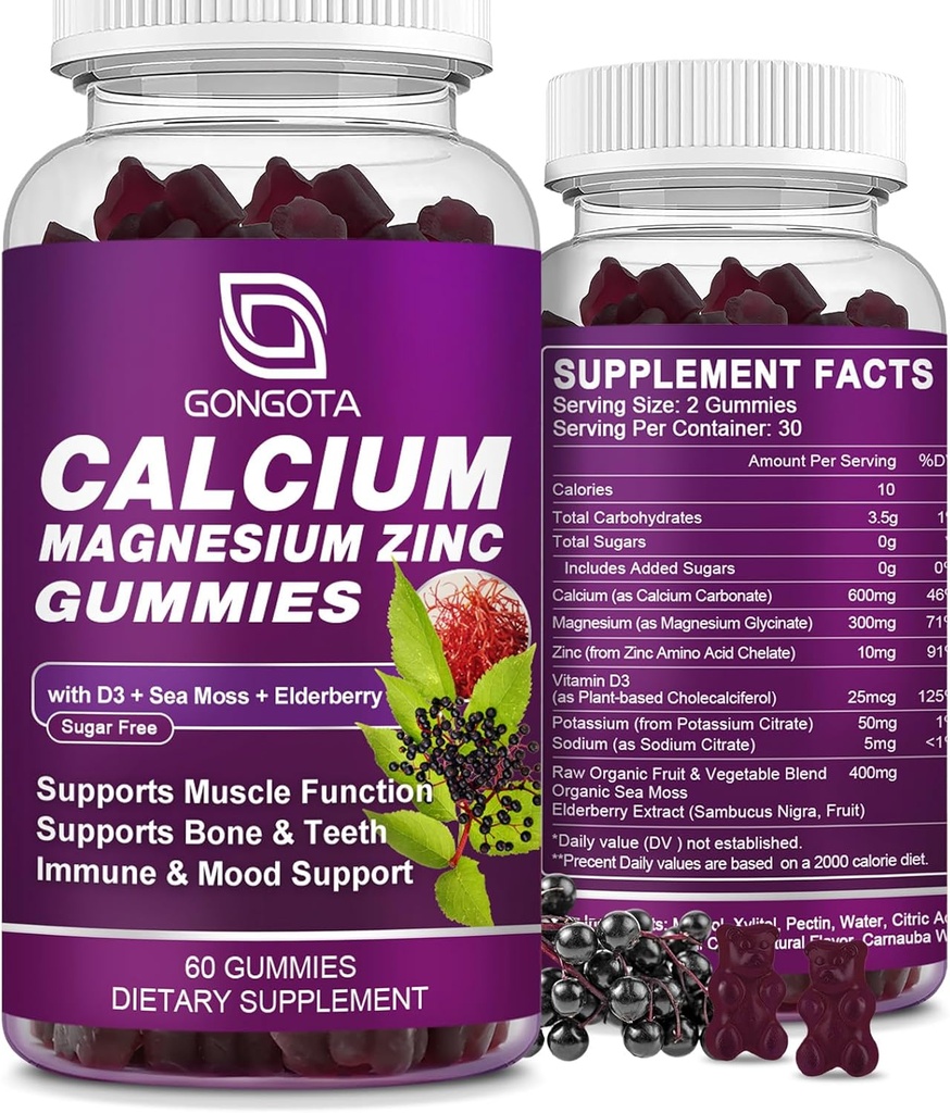 Vápník hořčík zinek s vitamínem D3 dodatek, Vysoce absorbentní vápníkové gumy s 300mg Magnesium glycinát Podpora kostí a zubů, Svalovina pro dospělé a dospívající, Cukr zdarma, Vegan - 60 Počet