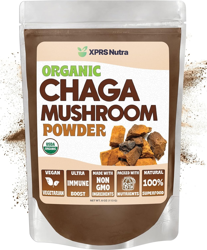 XPRS Nutra Organic Chaga Houba Powder - Premium USDA Organic Chaga Houby Powder - Chaga Powder podporuje imunitní zdraví - Vegan Friendly Superfood for Chaga Tea and Bevages (8 oz)
