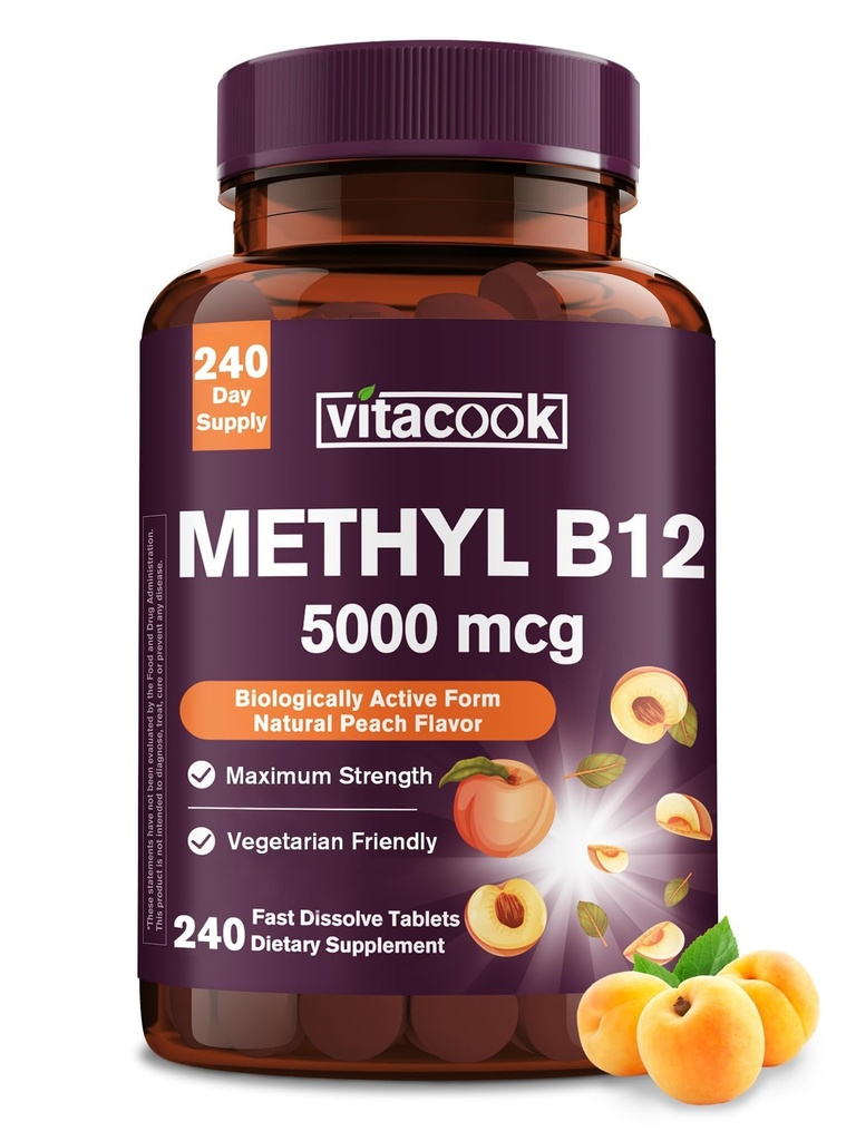 Vitamin B12 Sublingvální, Methylkobalamin 5000mcg pro výrobu energie, Energie, Nerve & Cell Support, Natural Peach Flavor, Vegan, Nulový cukr, 240 Rychlé rozpuštění tablety