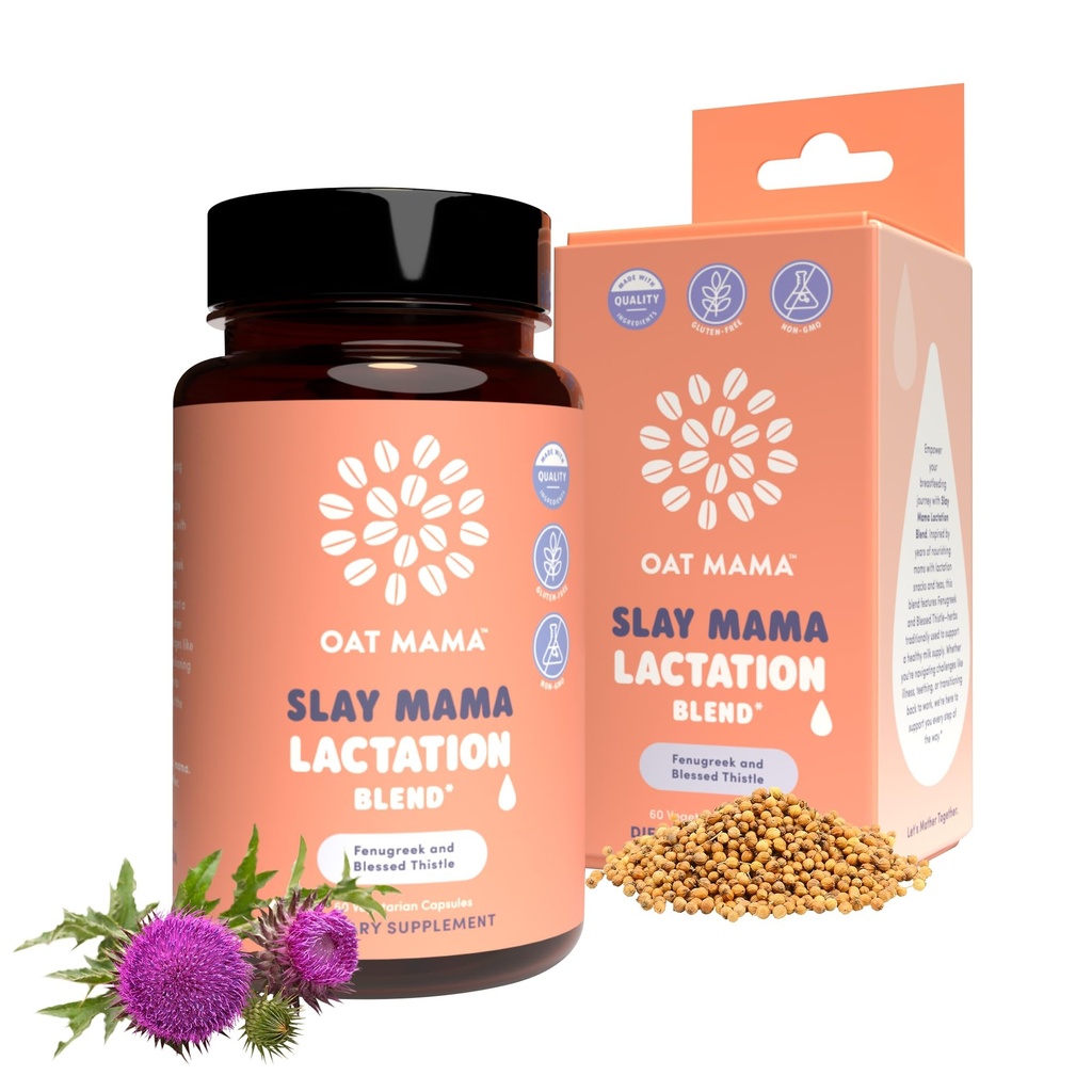 OAT MAMA Organická laktace Dodatek - 'Slay Mama' Požehnaný Thistle & Fenugreek Kapsle - Bylinné laktační směs, Poporodní podpora pro kojící matky