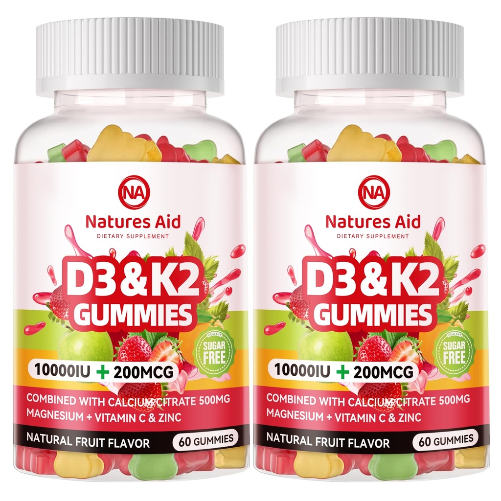 Naturations Aid Sugar- Free Vitamin D3 K2 Gummies with Calcium + K2 (MK-7), Magnesium Citrát, Vitamin C, Extra Strength - Ultimate Absorption for Bone Muscle Teeth Immunication, Vegan - 120 Gummies