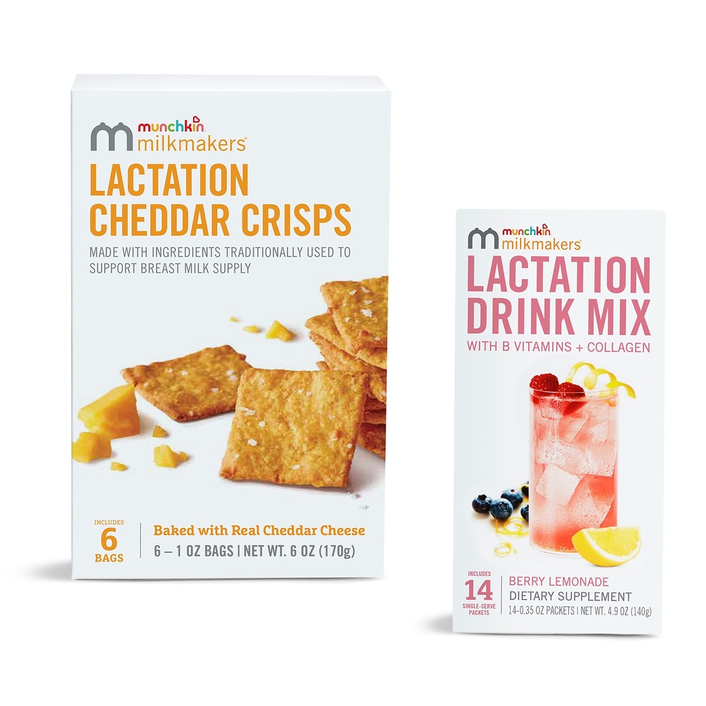 Munchkin ® Milkmakers ® Lactation Drink Mix Dodatek s B Vitamin & Milk Thistle, 14 Hrabě a Kojení Cheddar Crisps pro kojící matky s Oves a Flax, 6 Počet