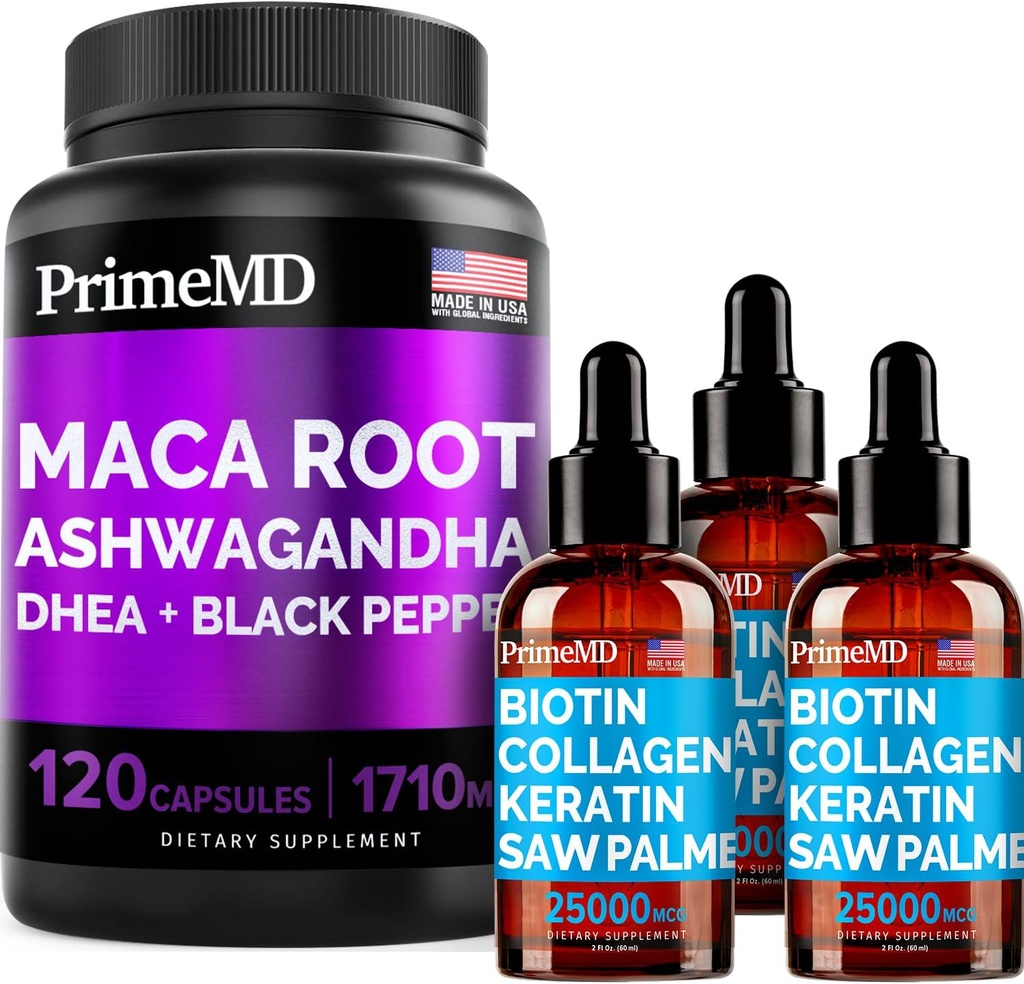 4-in-1 Liquid Biotin Kolagen Keratin Saw Palmetto Kapky (2 fl oz - 3 Pack) & 6-in-1 Maca Root Ashwagandha w Black Pepper Fruit (120ct) Bundle - vlasy, kůže, hřebíky, energie a mood Supplement