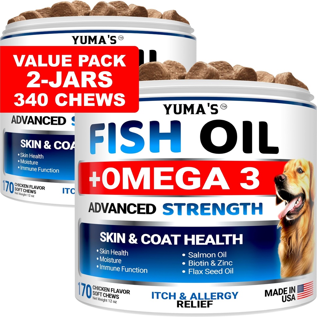 (2 Pack) Omega 3 Rybí olej pro psy - 170 Žvýkačky - Omega 3 pro psy - Suchá a ltchy kůže Relief Treatment - Alergie Support Dog Anti Shedding Treats - Losos - Chicken Flavor