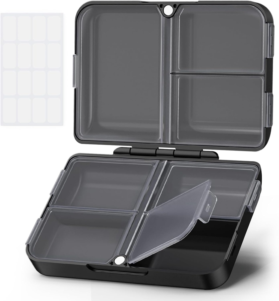 AUVON Daily Pill Organizátor Fit s kabelkou nebo kabelkou, Kompaktní cestovní Pill Box pouzdro s Slim skládací design a dlouhotrvající závěsy držet vitamín, rybí olej, dodatek nebo šperky (Black)