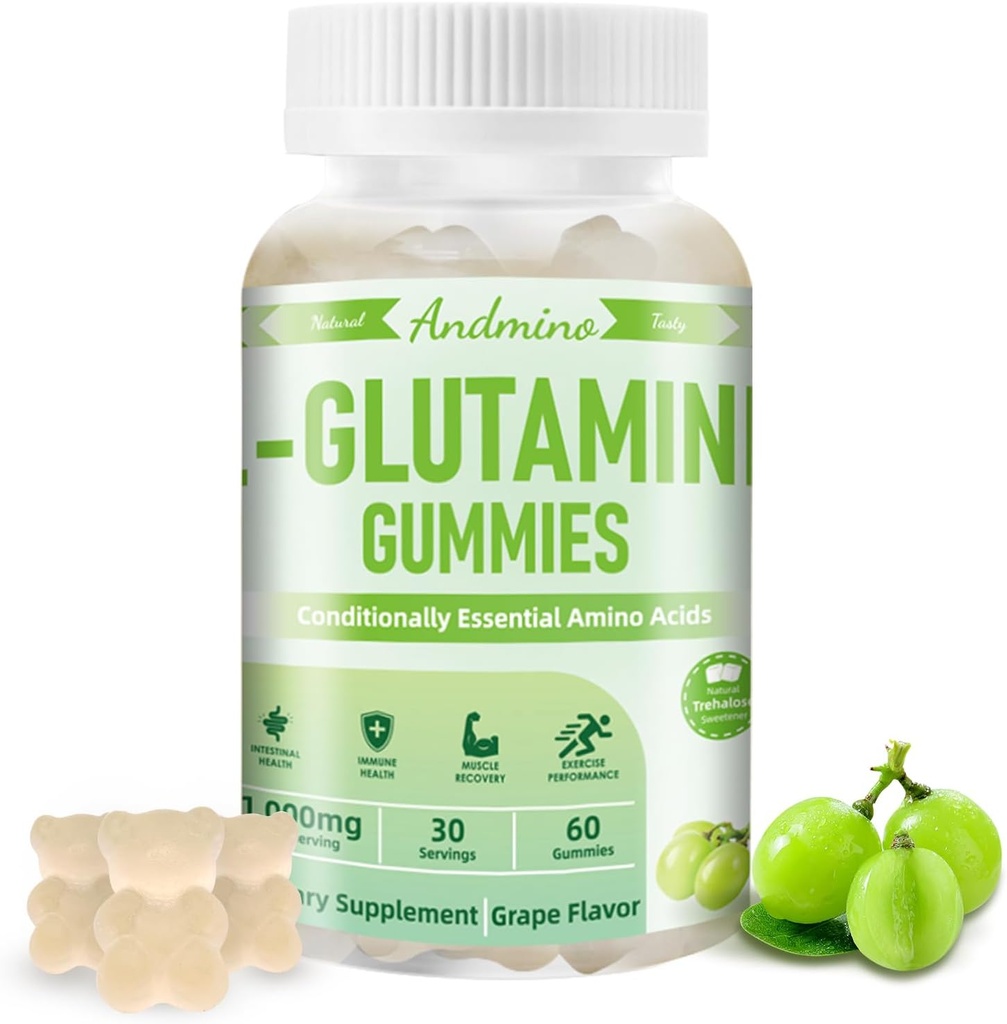 L- glutaminové žvýkačky 1000 mg, s trehalosou, L glutaminový dodatek Podpora střevní, posílení imunity a svalového zdraví, pro dospělé a děti, Non- GMO, Vegan, gluten zdarma, Grape Flavor, 60