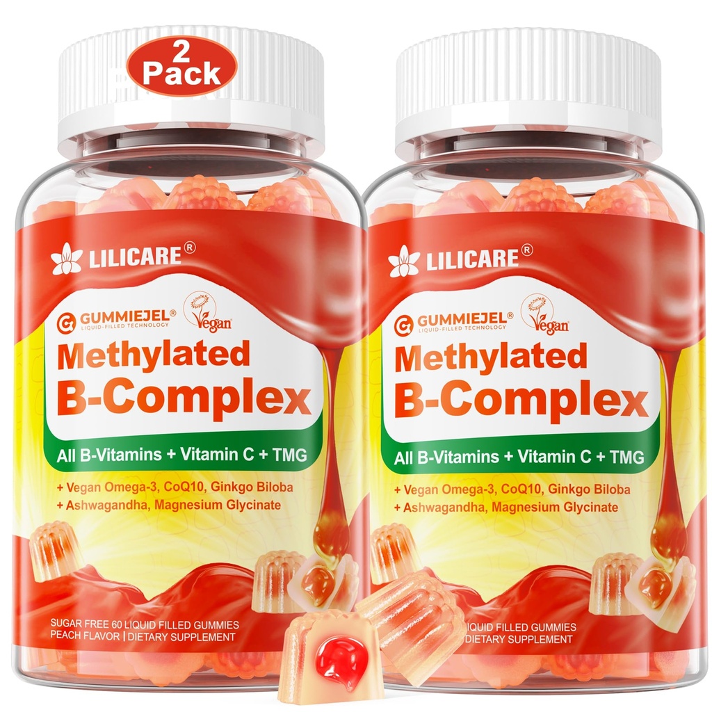 Dámské a pánské Super vitamin B Complex Filled Gummies, Methyled w / Omega 3, Magnesium, CoQ10, Ashwagandha, Vitamin C, TMG, Sugar Free - 60 Počet balení po 2)