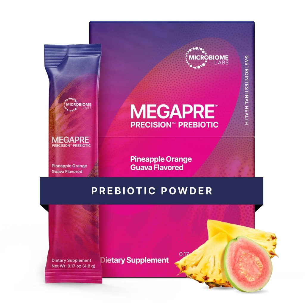 Mikrobiomové laboratoře MegaPre Prebiotic Fiber Powder for Women, Men & Kids - Předdávkování Prebiotic Fiber Doplněk Prášek s klinicky testované oligosacharidy - Ananas Orange Guava (30 Drink Packets)