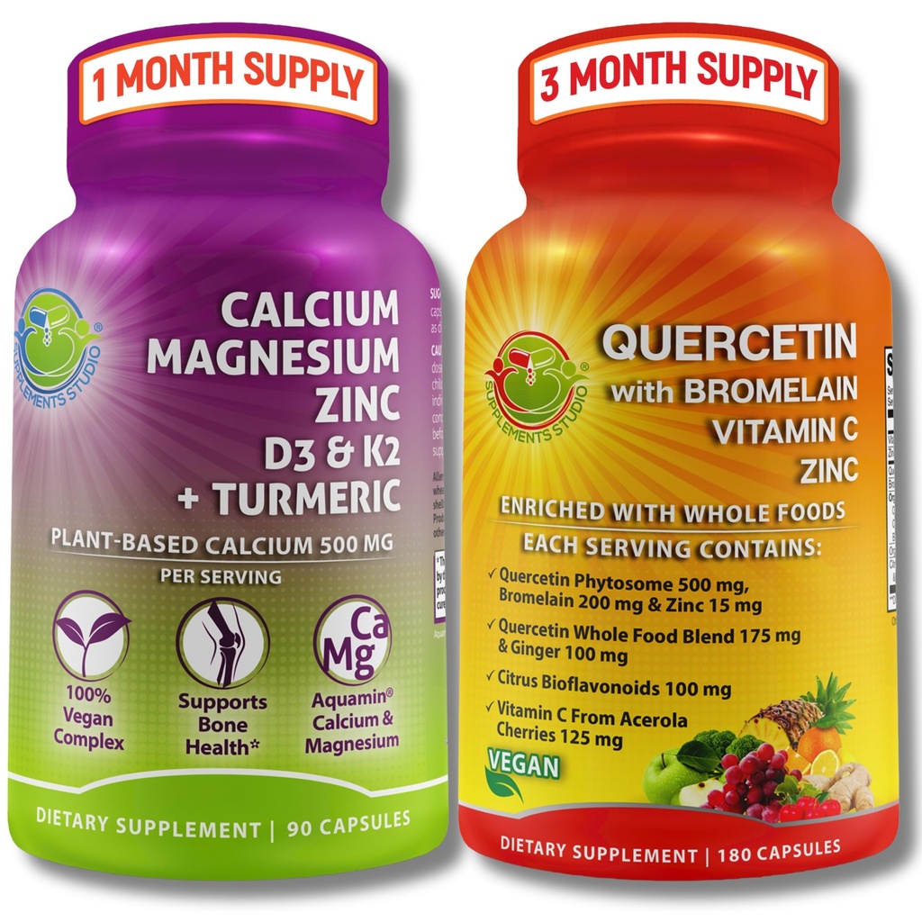 DOPLŇKOVÉ STUDIO Quercetin s bromelainem, vitaminem C & zinečníkem + platantem na bázi vápníku, hořčíku, D3, K2 & kurkuma - 100% Veganský doplňkový obal pro imunitní a kostní podporu