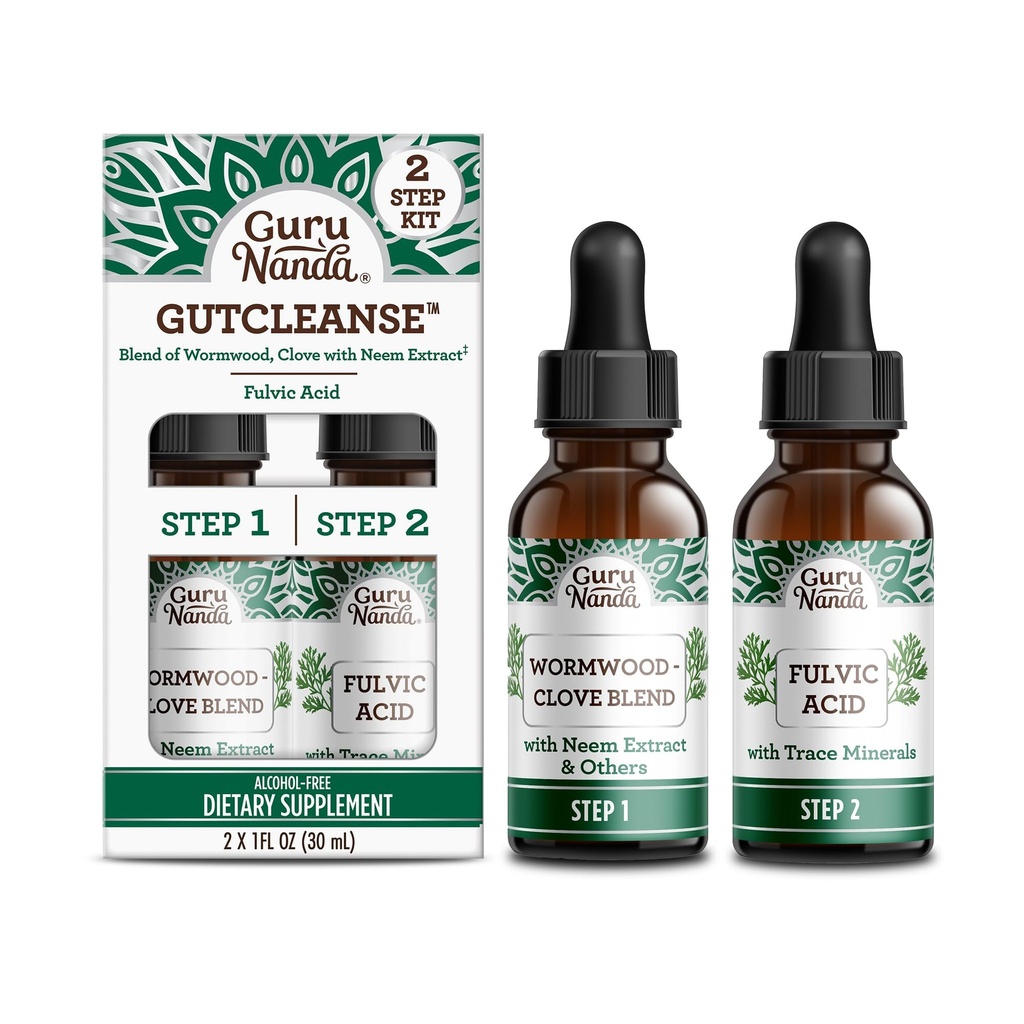 GuruNanda Gutclear 2- Krok Kit - Dietní dodatek k pomoci s trávením - Směs Fulvic acid, Wormwood, Clove & Neem Extract, 2x1 FLOZ