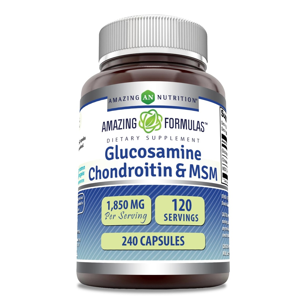 Amazing Applicas Glucosamine Chondroitin & MSM dodatek 124; 1850 Mg per Serving Applications 124; 240 Kapsle 124; Non- GMO creditation 124; Gluten- Free creditation 124; Made in USA