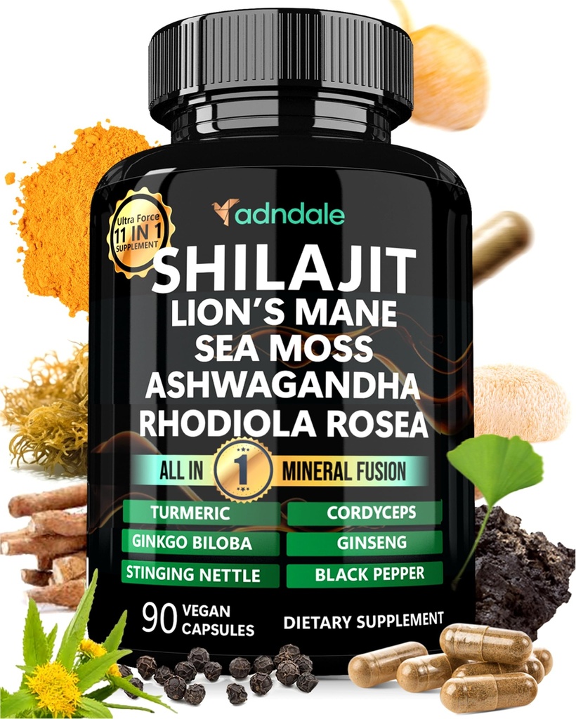 Adndale Shilajit dodatek. Čisté himalájské organické shilajit pro muže a ženy Kapsle s Moss Ashwagandha Rhodiola Rosea Lion 's Mane. 90 Počet