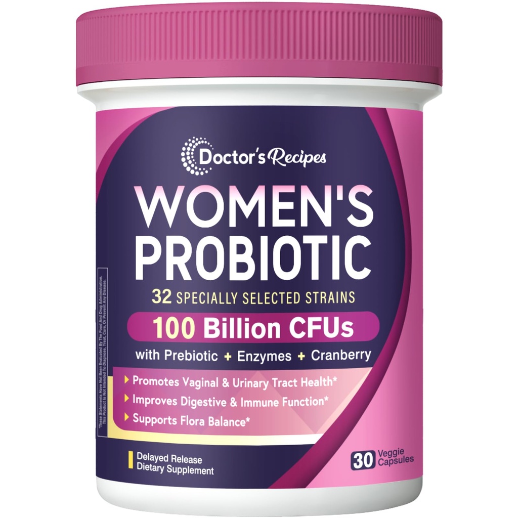 Lékařské recepty Probiotika pro ženy, 100 miliard CFU 32 Strains, s Prebiotický Vlákna, Enzymy & Cranberry, Vaginální Nutriční Trávicí & Imunitní, No Yeast, Stabilní, Zpožděné uvolnění, 30 Caps