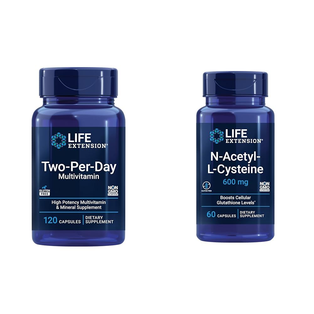 Life Extension Two- Per- Day Multivitamin, Vitamíny B, C, D, zinek, 25 Vitamíny, Minerály a výtažky, 120 Kapsle Bundle s N- Acetyl- L- Cystein (NAC) 600 mg, 60 Kapsle