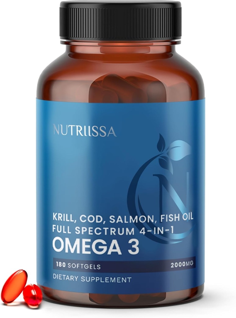 Nunissa Full Spectrum Omega-3 - 2000 mg Oil Blend (Krill, Cod & Salmon Oil) - 1175 mg Omega-3s (EPA, DHA & DPA) - EPEB Certified, 3-Month Supply - Heart, Brain & Joint Support - 180 Halal Softgels
