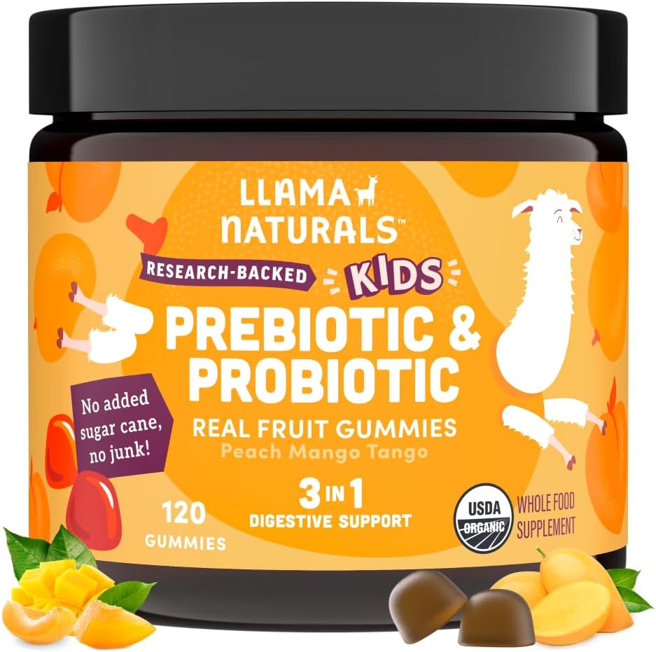 Llama Naturals Děti Probiotika s Prebiotic Fiber, Vegan, Organic Prebiotika a Probiotika Gummies pro Gut Zdravotní podpora, Toddler Real Fruit Gummy Vitamíny, No Add Cugar Cane, Peach Mango, 120 Ct