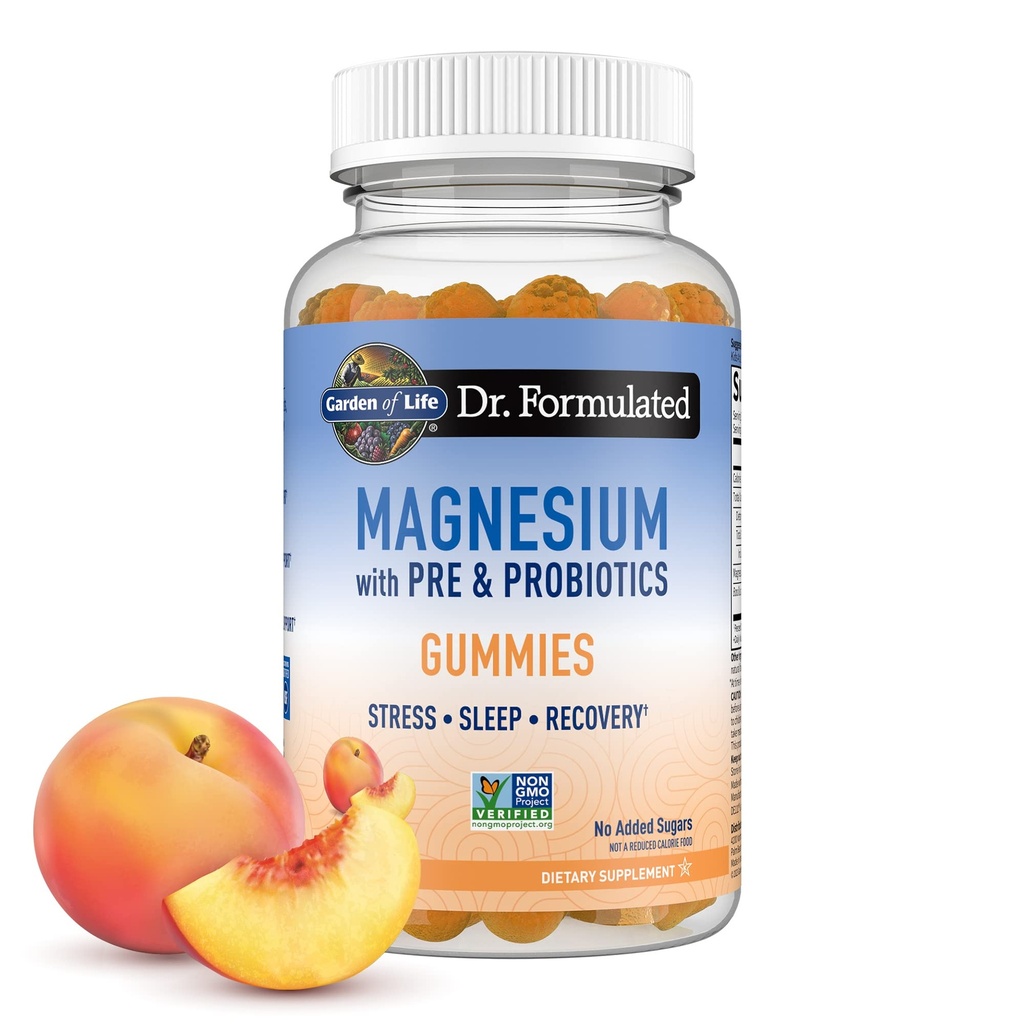Zahrada života Magnesium Citrát doplněk gumy s prebiotika a probiotika pro stres, spánek a zotavení - Vegan, gluten Free, Kosher, Non-GMO, No Add Sugars, Peach Flavor, 60 Počet