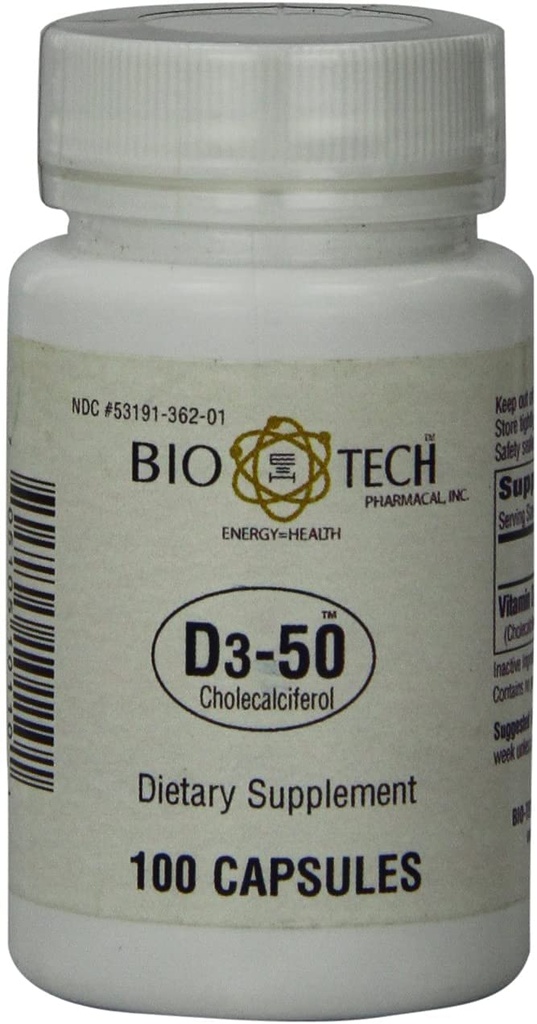 Bio-Tech Pharmaceutical D3-50 50 000 IU, 100 Kapsle All- Natural Supplementary Bone, Heart Neuromuskulární, & Imunitní zdraví bez mléka, ryby, gluten, arašídy, měkkýši, & Soy
