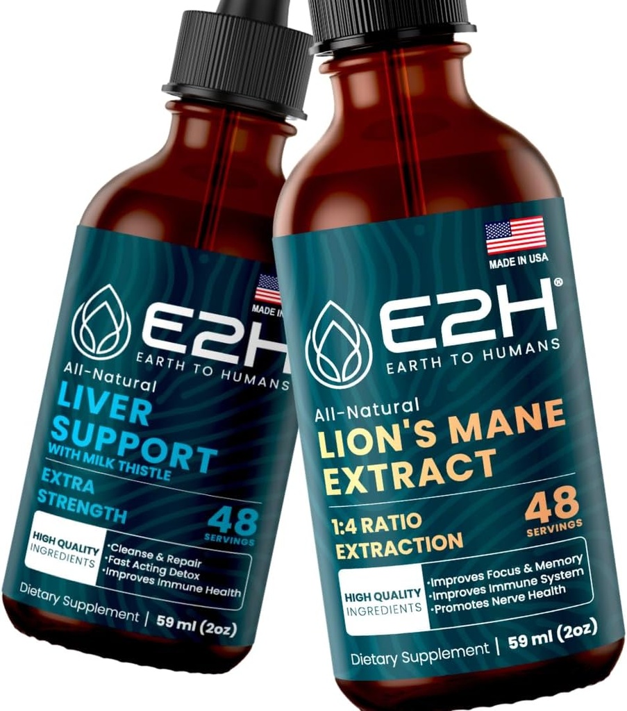 E2H: Dodatek k podpoře jater a Cordyceps Houbový dodatek 124; Vegan, Non-GMO - 2 Fl Oz Each (4 Fl Oz Total) - Bundle