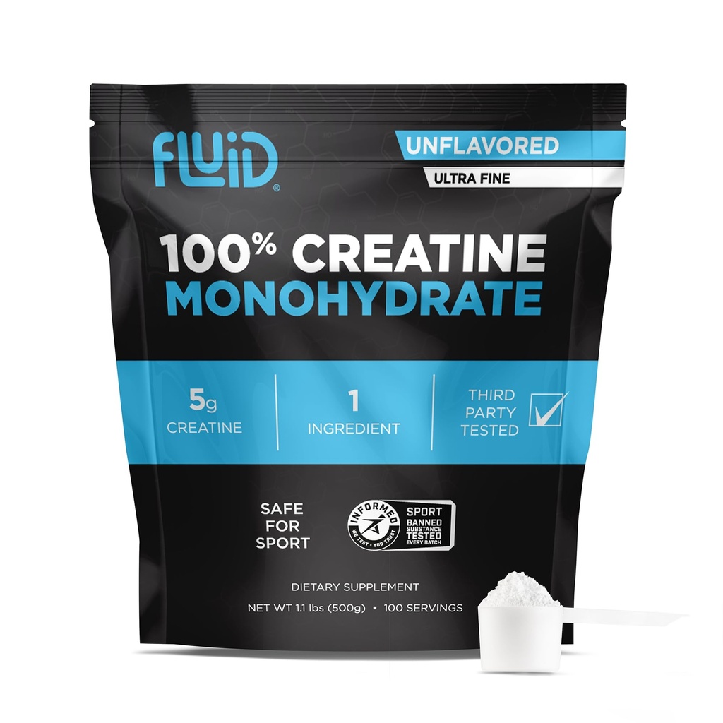 Fluid Creatine - 100% Creatin Monohydrát prášek, bez příchutí, Informovaný Sport Certified, 5g na Serving (100 Serving)