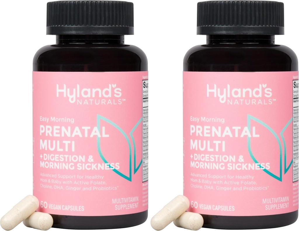 Hyland 's Easy Morning Prenatal Multivitamin a stravitelné zdraví a ranní nemoci Relief, 60 Vegan Kapsle, s folátem, Cholin, Zinek, Ginger Root, Prebiotika a Řasy DHA (Balení po 2)