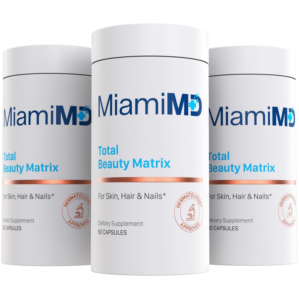 MiamiMD Celková krása Matrix Kolagenové doplňky pro ženy - Kolagenové kapsle s vitamínem C pro vlasy, kůži a nehty - Krutost zdarma - (60 Kapsle) - 3 Pack