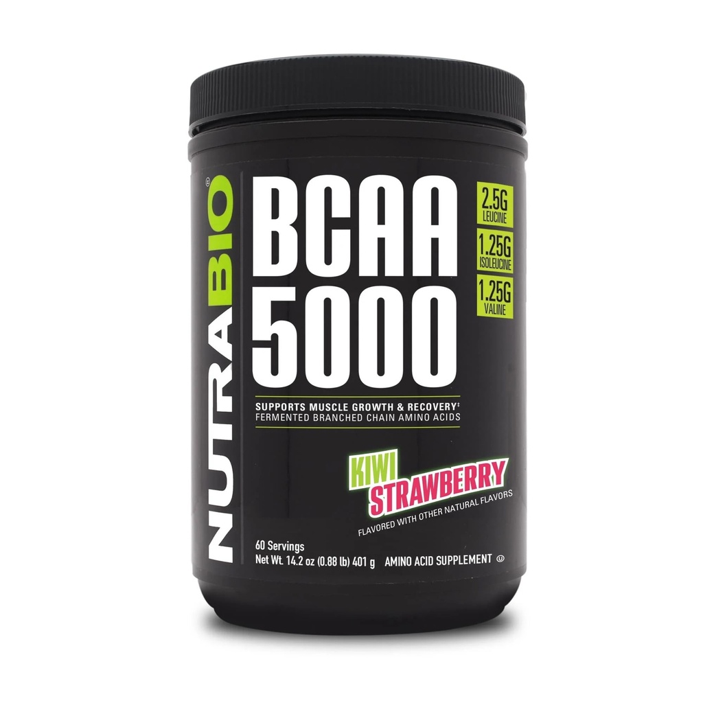NutraBio BCAA 5000 Powder - Vegan Fermented BCAA - Podporuje Lean Muscle Growth, Recovery, Vytrvalost - 60 Služeb - Kiwi Strawberry