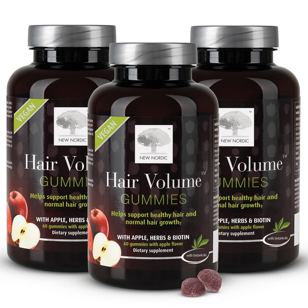 NEW NORDIC Volume Gummies, 2500 mcg Biotin, Denní vlasy Vitamíny dodatek k podpoře vlasy kůže & hřebíky, Vegan, 60 Počet (balení po 3)