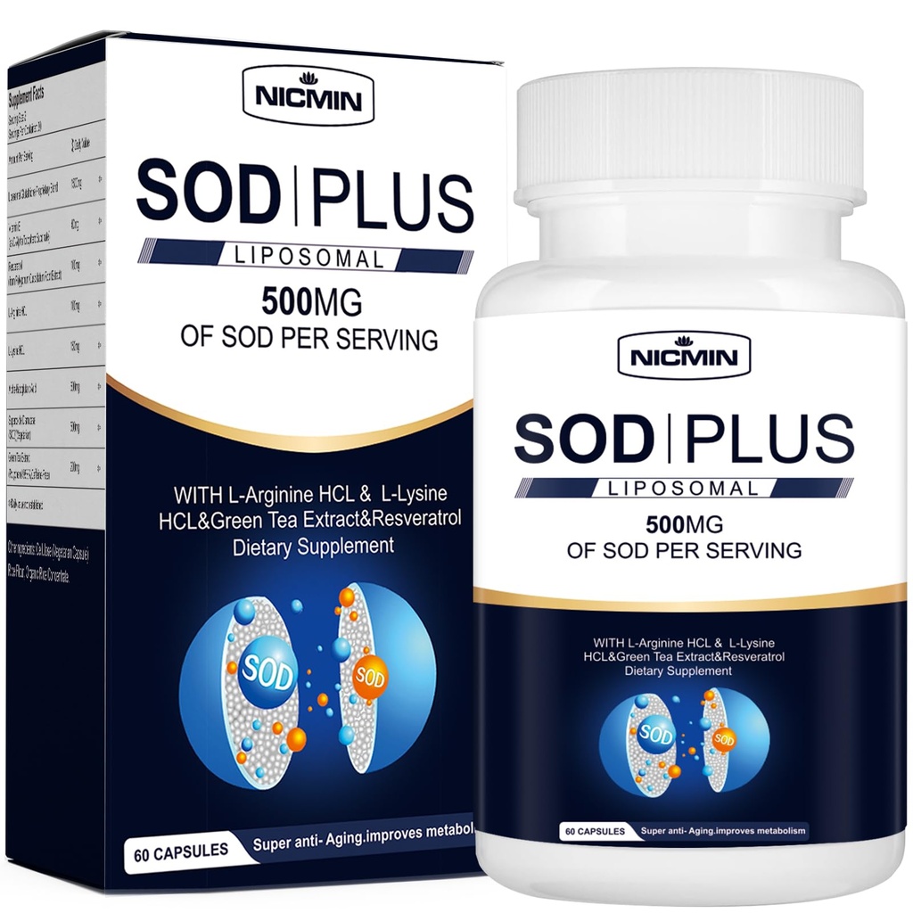 Superoxid Dodatek k dimutaci 500mg - SOD Plus s liposomální glutathione, AKG, Green Tea Extract, L- Arginin, Lysin, Resveratrol a vitamin E pro imunitní podporu, Antioxidant 60 Kapsle