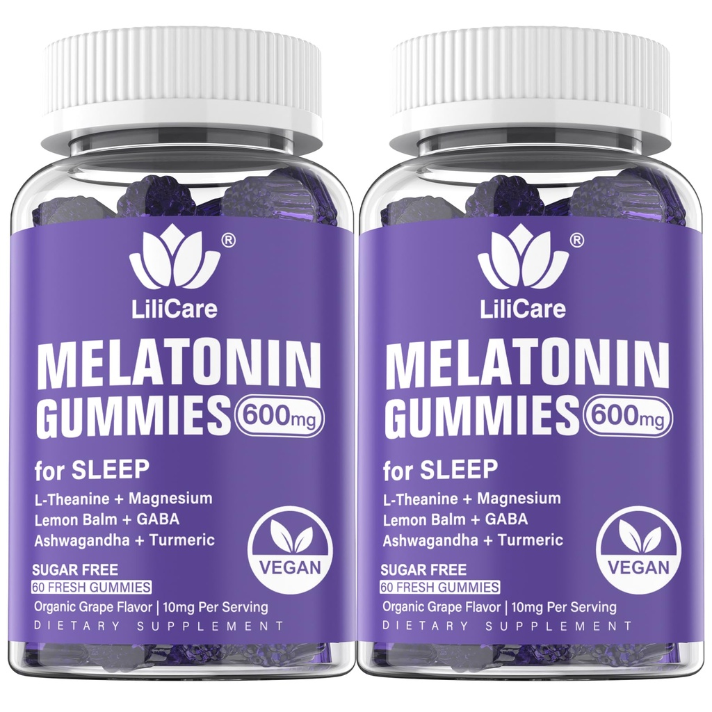 Melatonin 20mg Gummie pro dospělé (2 balení) Extra síla s L- theanin, Ashwagandha, hořčík, kurkuma, GABA, Lemon Balzám a heřmánek pro podporu zdravé cirkadiánní rytmus, Grape Flavor
