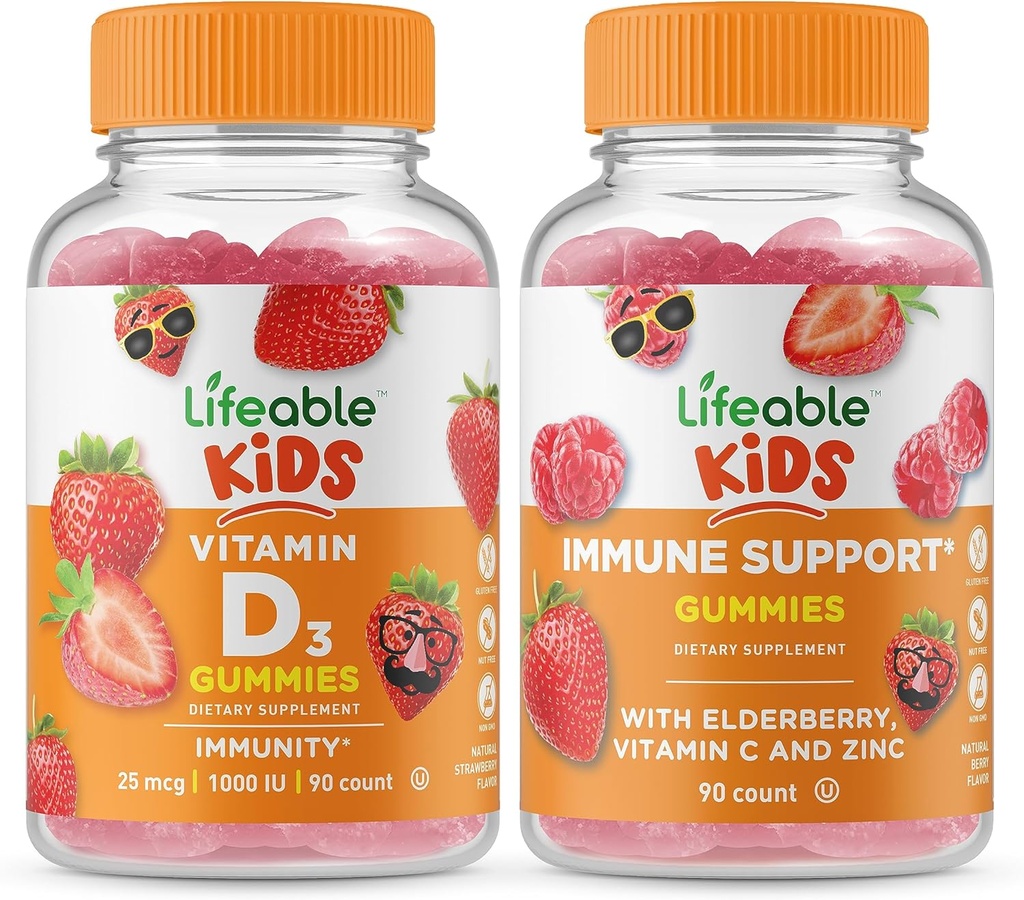 Živý vitamín D Děti + Imunitní podpora Děti, Gummies Bundle - Velký Ochutnávka, Vitamin dodatek, Lepek zdarma, GMO zdarma, Žvýkací Gummy