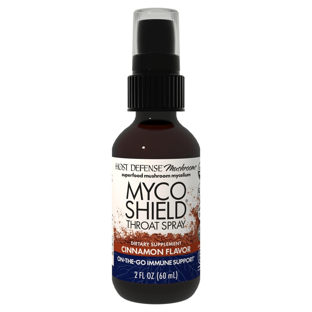Hostitelská obrana MycoShield Krční sprej - Imunitní podpora zdraví - Dietní houba dodatek s Chaga, Reishi, Turecko Tail & More - On-The- The- Imunitary Support - Skořice Flavor, 2 fl oz (142 Služeb) *