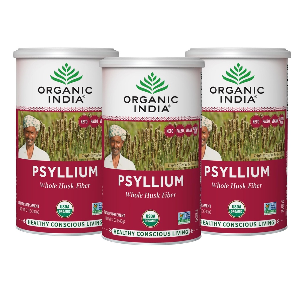 ORGANIC INDIA Psylium Herbal Powder - Celý Husk Fiber Supplement, Podpora trávení, Vegan, gluten- Free, USDA Certified Organic, Non- GMO, Soluble & Nerozpustný zdroj vlákna - 12 oz (balení po 3)