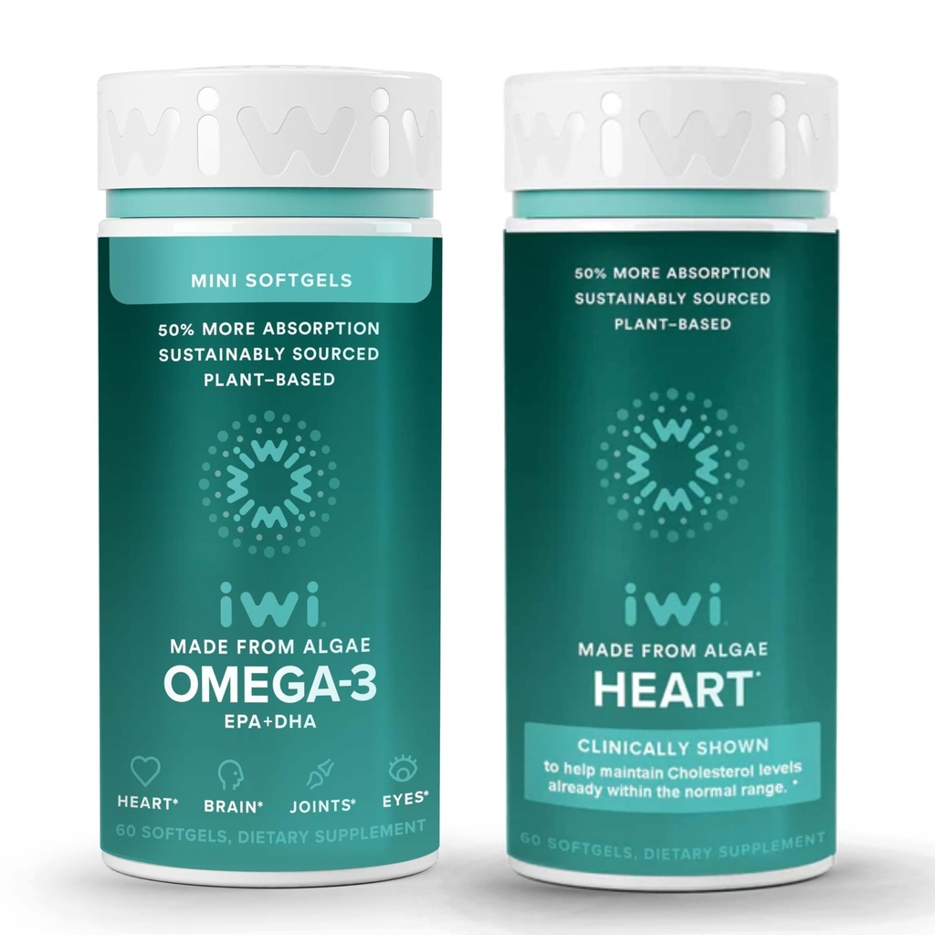Iwi Omega33 Minis & Heart Omega33 Bundle, 30 Servings, Vegan Plant- Based Algae Omega 3, Krill & Fish Oil Alternative, No Fishy After taste