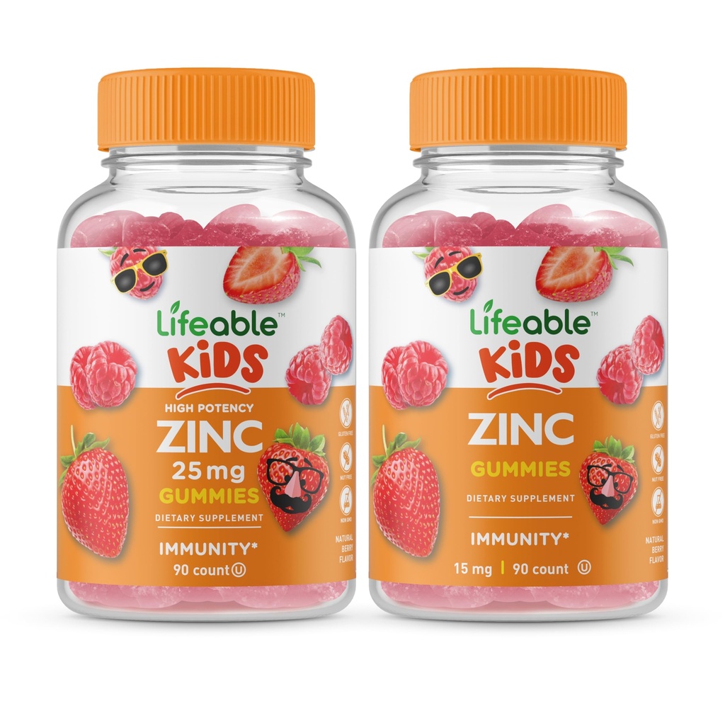 Živý zinek 25mg děti + zinek děti, Gummies Bundle - Great Ochutnávání, Vitamin dodatek, gluten zdarma, GMO zdarma, Žvýkací žlab