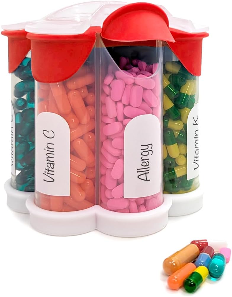 Extra Velké Pill Pořadatel Denní, Týdenní, Měsíční dodatek Lahvička, Roztomilý Blossom Pill Dipenser se 7 XL Compartments, Easy- Open Pill Box pro vitamíny, Léky, Štítky v ceně (červená)