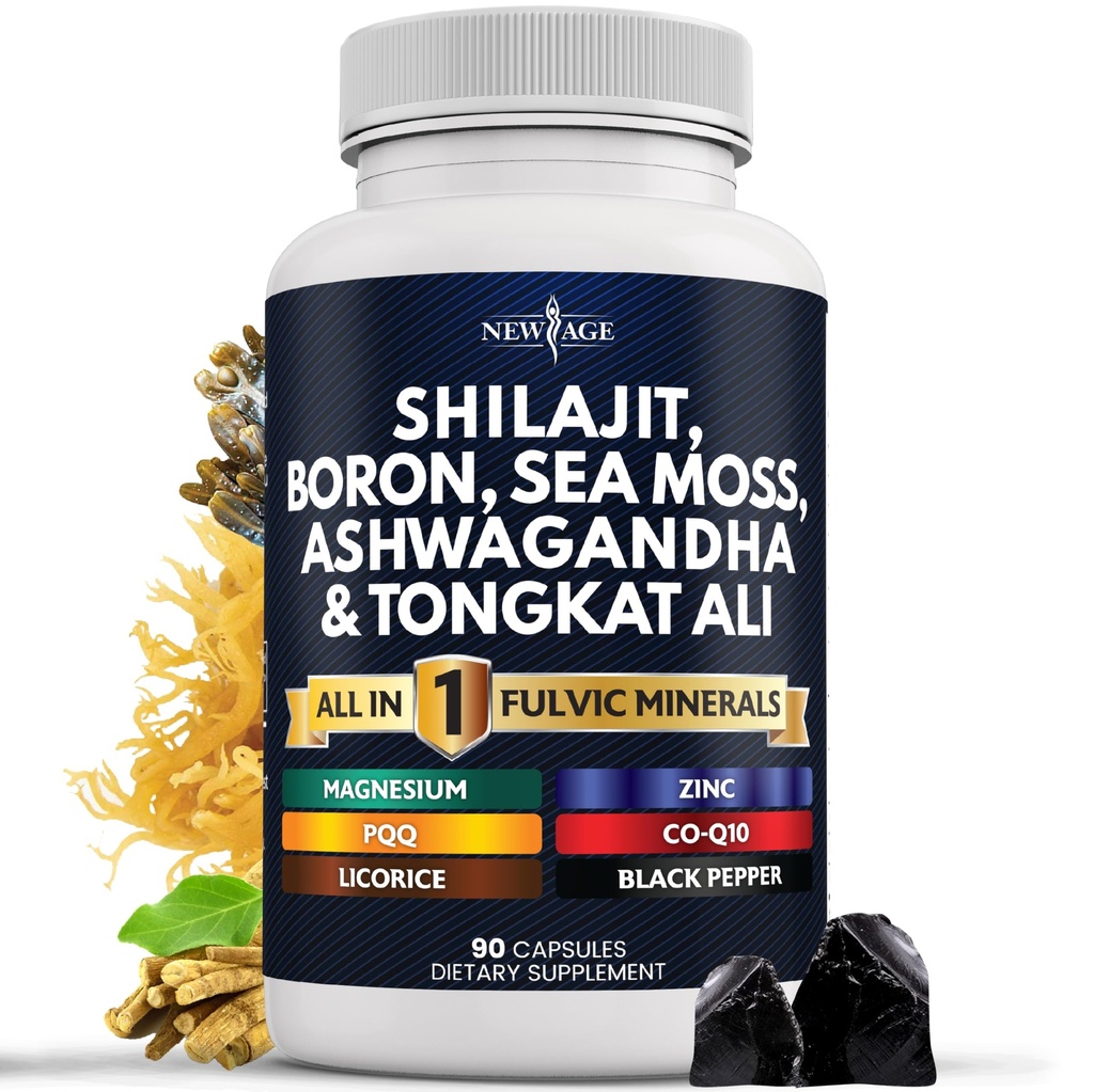 Nový věk Shilajit dodatek s Moss Moss, Ashwagandha, Tongkat Ali, Boron, Magnesium - Fulvic kyselé kapsle pro muže - 90 Počet