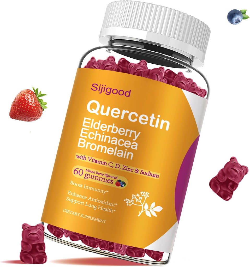 Quercetin Gummies s Bromelain, Elderberry, Echinacea, Vitamin C D Zinek - Podpora imunitního systému 60 Počítá čisté Quercetin Gummies pro děti a dospělé