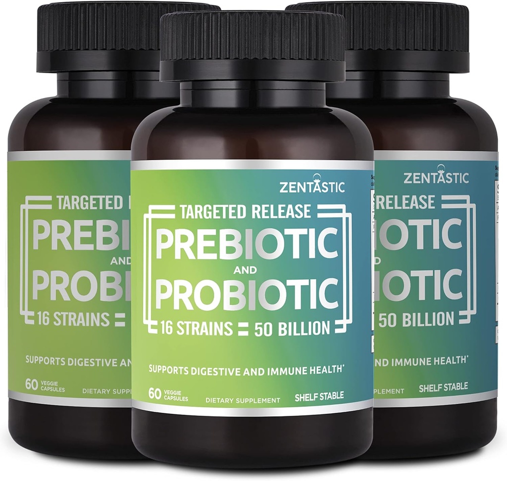 Zentastic Probiotika & Prebiotika Dodatek - 50 Miliardy CFU - pro muže a ženy imunitního a trávicího zdraví - 16 Strains - Odklad - 180 Zpožděné uvolnění Veggie Kapsle