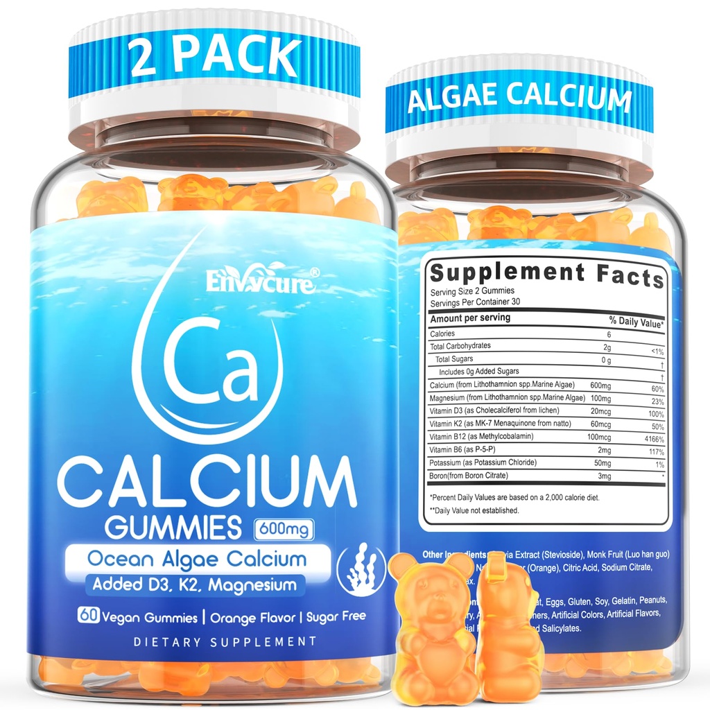 Gummie vápníku 600mg - doplněk vápníku pro ženy, Ocean Algae vápník 124; Vitamin D3, K2, hořčík 124; pro sílu kosti, svalovina & imunita 124; Udržitelně sourced Algae vápník, 70 + Mineral, Vegan, 2PACK