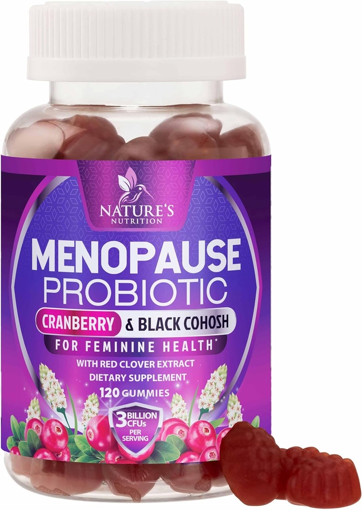 Menopauza Doplňky pro ženy - 3 miliardy CFU přírodní menopauza Relief pro mírné horké záblesky & noční poty, PH, Vaginální zdravotní podpora Probiotika pro ženy Gummy, Probiotický dodatek - 120 Gummies