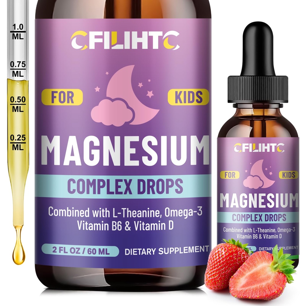 Děti Magnesium Liquid Drops- Magnesium Glycinát Liquid for Kids Supplement- w / L-theanin, Omega33, Vitamin B6, D3 - for Sleep, Relaxation, Brain, Bones - 2 Fl Oz Children 's Calm, Strawberry Flavor