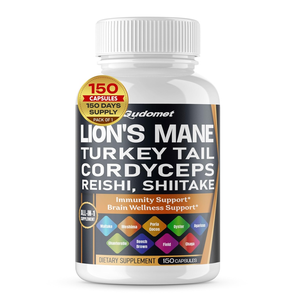 Organic Lion 's Mane Turkey Tail Cordyceps Reishi Shiitake Maitake Meshima Poria Cocos Oyster Houba Agaricus Chaga Shiitake Sněhová houba - 150 Kapsules - Made in USA