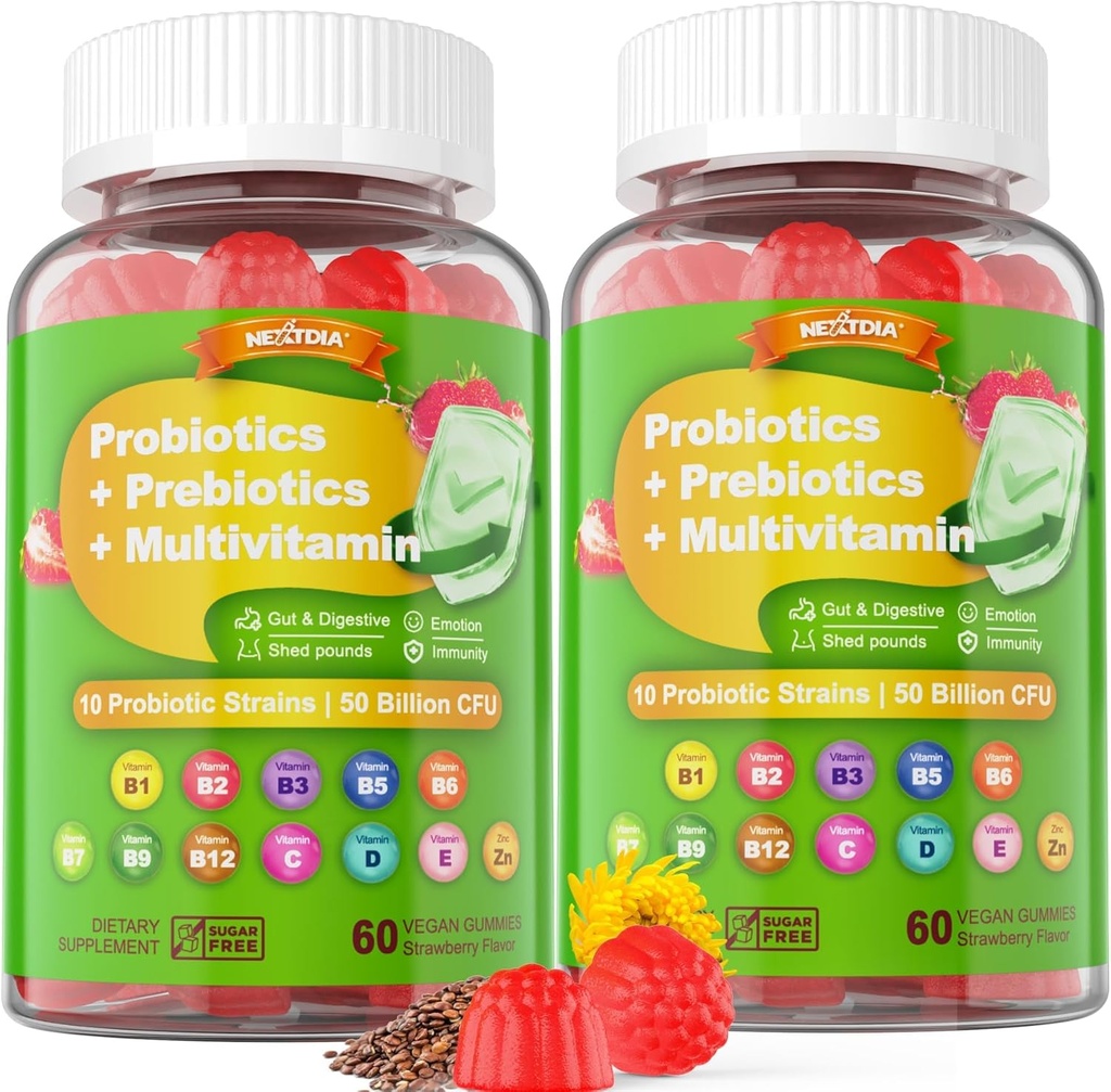 Vegan Probiotika Gummies pro ženy a muže - Vláknina Prebiotika doplňky 124; 50 Miliardy CFU Probiotika, Inulin, Psyllium Husk & Multivitamin pro Gut, Digestion & Imunitary Health, 2 Pack